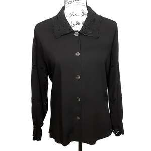 Vintage 80s Black Button Down Shirt Lace Collared Womens S Whimsy Goth Vampire